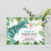 Dinosaur Three-Rex Birthday Invitation Boy Dino Kaart (Staand voorkant)