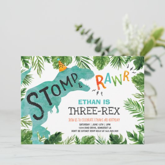 Dinosaur Three-Rex Birthday Invitation Boy Dino Kaart (Staand voorkant)