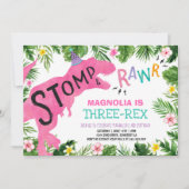 Dinosaur Three-Rex Birthday Invitation Girl Dino Kaart (Voorkant)