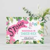 Dinosaur Three-Rex Birthday Invitation Girl Dino Kaart (Staand voorkant)