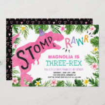 Dinosaur Three-Rex Birthday Invitation Girl Dino