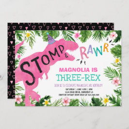 Dinosaur Three-Rex Birthday Invitation Girl Dino Kaart