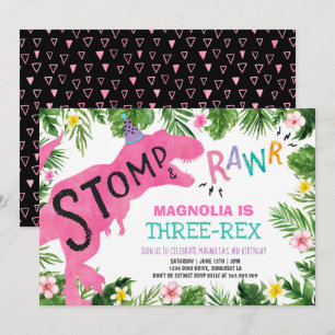 Dinosaur Three-Rex Birthday Invitation Girl Dino Kaart