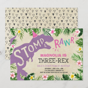 Dinosaur Three-Rex Birthday Invitation Girl Dino Kaart