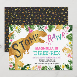 Dinosaur Three-Rex Birthday Invitation Girl Dino Kaart
