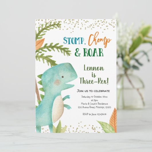 Dinosaur Three-Rex Birthday Invitation Kaart (Staand voorkant)
