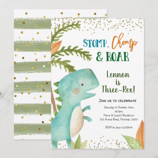 Dinosaur Three-Rex Birthday Invitation Kaart (Voorkant / Achterkant)