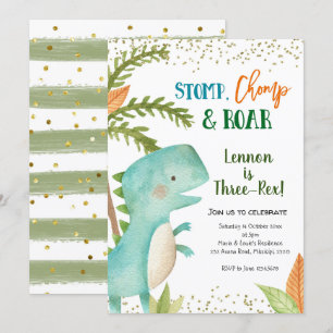 Dinosaur Three-Rex Birthday Invitation Kaart