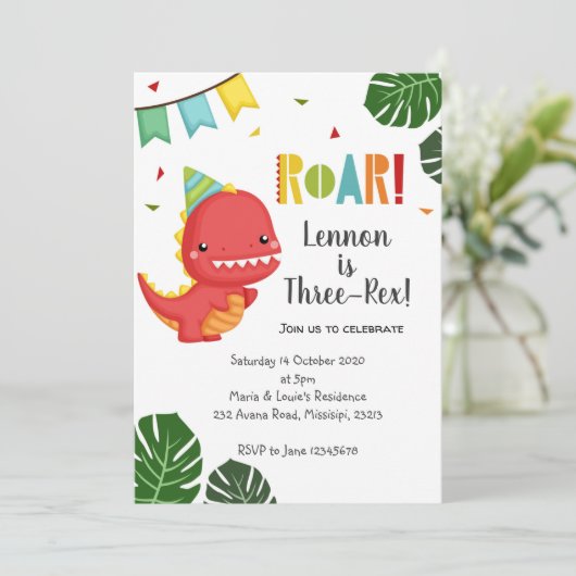 Dinosaur Three-Rex Birthday Invitation Kaart (Staand voorkant)