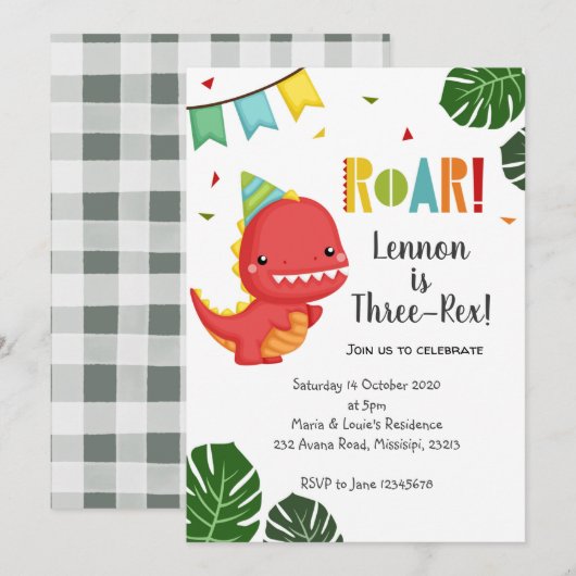 Dinosaur Three-Rex Birthday Invitation Kaart (Voorkant / Achterkant)