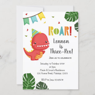 Dinosaur Three-Rex Birthday Invitation Kaart