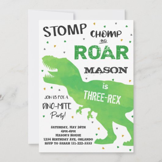 Dinosaur Three-Rex Birthday Invitation Kaart (Voorkant)