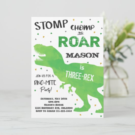 Dinosaur Three-Rex Birthday Invitation Kaart (Staand voorkant)