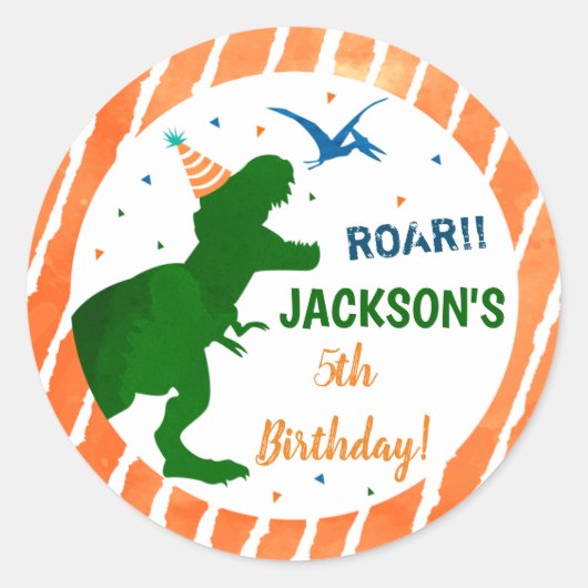 Dinosaur Three Rex Birthday Party Favor Stickers (Voorkant)