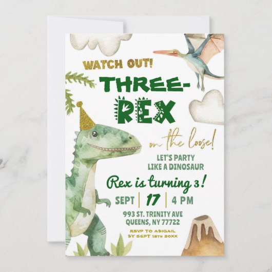 Dinosaur Three-Rex Boy's 3e verjaardagsfeestje Kaart (Voorkant)