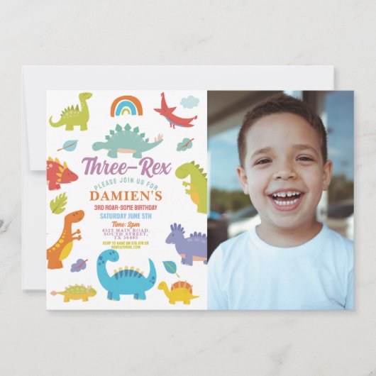 Dinosaur Three Rex Cute Boys Party Photo Kaart (Voorkant)