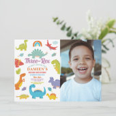 Dinosaur Three Rex Cute Boys Party Photo Kaart (Staand voorkant)