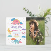 Dinosaur Three Rex Cute Girls Pink Foto Kaart (Staand voorkant)