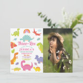 Dinosaur Three Rex Cute Girls Pink Foto Kaart (Staand voorkant)