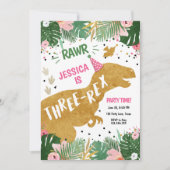Dinosaur Three-Rex Dino Girl Pink Gold Birthday Kaart (Voorkant)