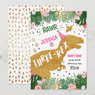 Dinosaur Three-Rex Dino Girl Pink Gold Birthday Kaart