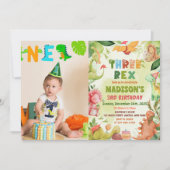 Dinosaur Three Rex Greenery 3e verjaardag foto Kaart (Voorkant)