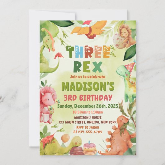 Dinosaur Three Rex Greenery 3e verjaardag Kaart (Voorkant)