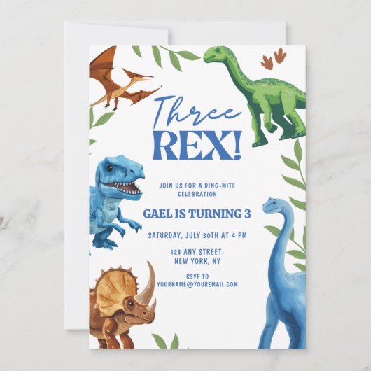 Dinosaur Three Rex Greenery Birthday Kaart (Voorkant)