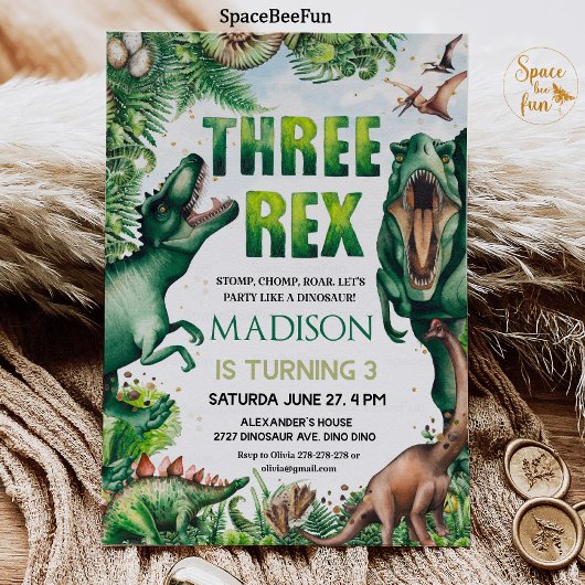 Dinosaur Three Rex Invitation Boy Kaart
