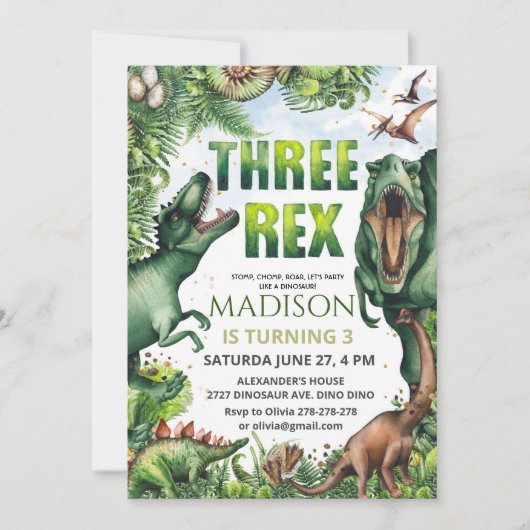 Dinosaur Three Rex Invitation Boy Kaart (Voorkant)