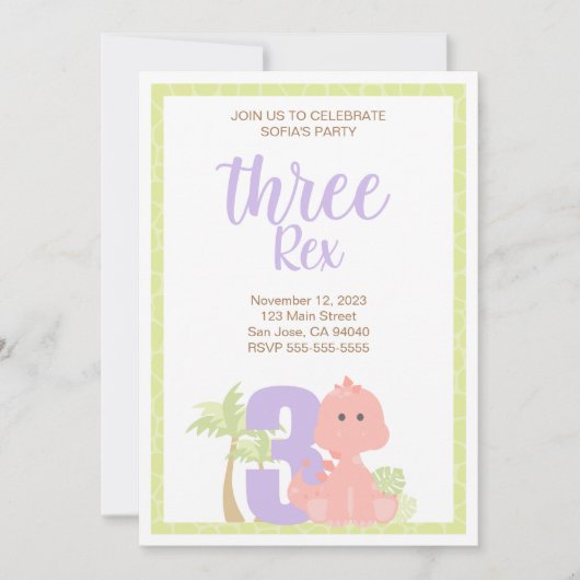 Dinosaur Three Rex Party Invitation Kaart (Voorkant)
