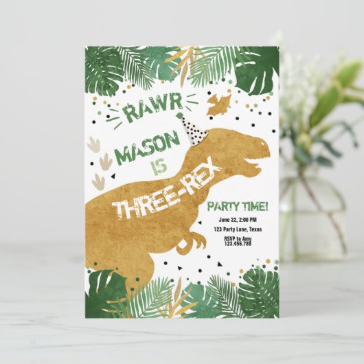 Dinosaur Three-Rex T-Rex RAWR Gold Boy Birthday Kaart (Staand voorkant)
