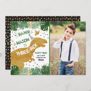 Dinosaur Three-Rex T-Rex RAWR Gold Boy Birthday Kaart