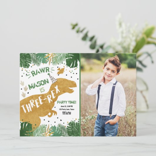 Dinosaur Three-Rex T-Rex RAWR Gold Boy Birthday Kaart (Staand voorkant)