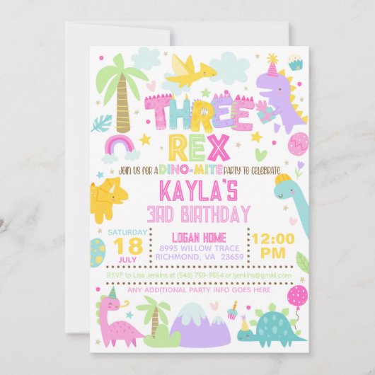 Dinosaur THREE Rex Uitnodiging voor 3e verjaardag (Voorkant)