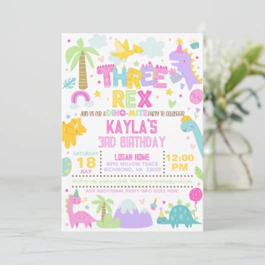 Dinosaur THREE Rex Uitnodiging voor 3e verjaardag (Staand voorkant)