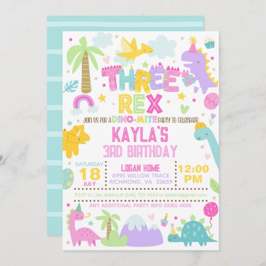 Dinosaur THREE Rex Uitnodiging voor 3e verjaardag (Voorkant / Achterkant)