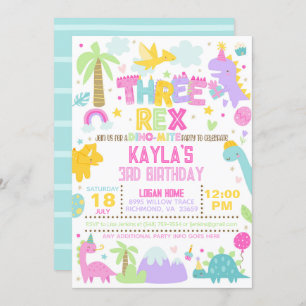 Dinosaur THREE Rex Uitnodiging voor 3e verjaardag