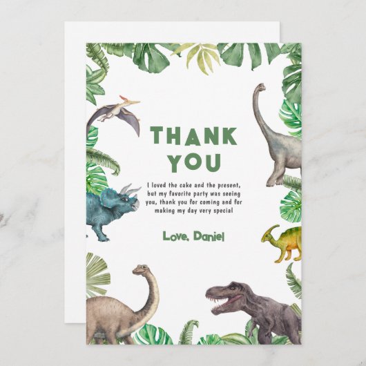 Dinosaur Three Rex verjaardagsuitnodiging voor Rex Bedankkaart (Voorkant / Achterkant)