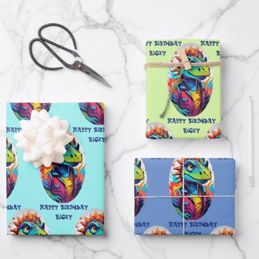 Dinosaur Tough Kind Naam toevoegen 3 Verjaardag Inpakpapier Vel (Voorkant)