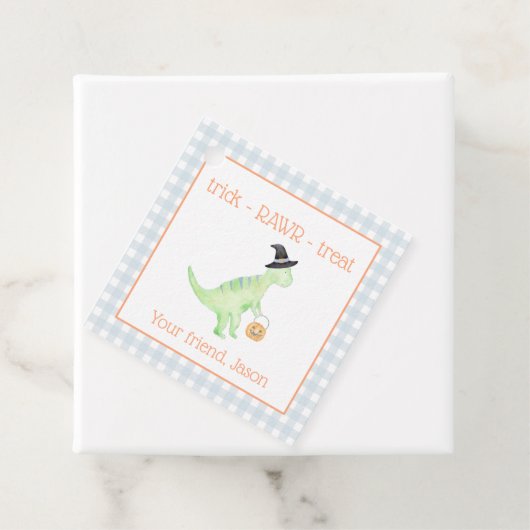 Dinosaur Treat Rawr Blue Sinaasappel Halloween Kin Bedankjes Labels (In situ)