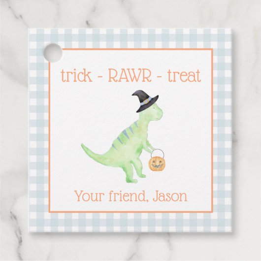 Dinosaur Treat Rawr Blue Sinaasappel Halloween Kin Bedankjes Labels (Voorkant)