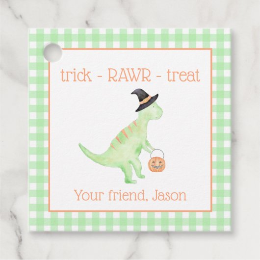 Dinosaur Treat Rawr Green Sinaasappel Halloween Ki Bedankjes Labels (Voorkant)
