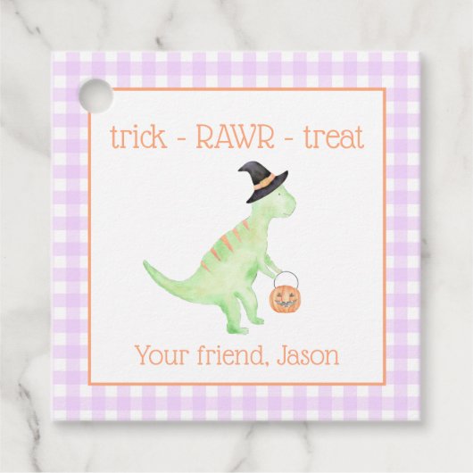 Dinosaur Treat Rawr Paarse Oranje Halloween Kinder Bedankjes Labels (Voorkant)