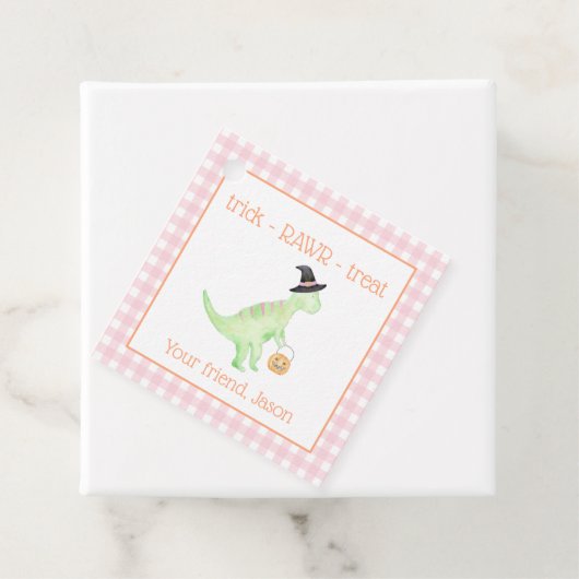 Dinosaur Treat Rawr Pink Oranje Halloween Kinder Bedankjes Labels (In situ)