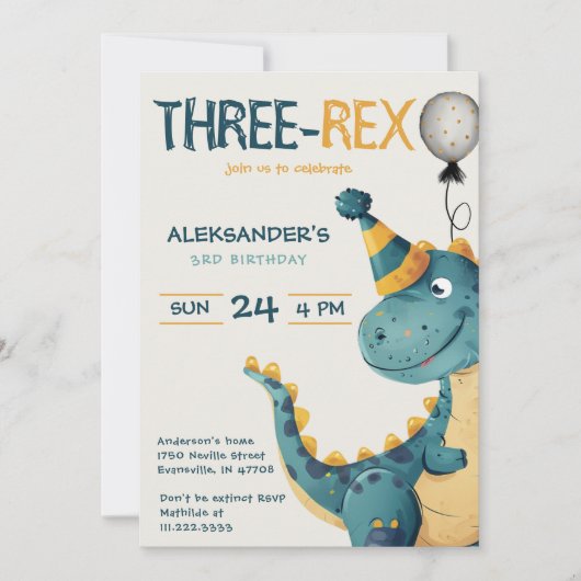 Dinosaur Trex Drie Rex 3e Verjaardagsfeest Kaart (Voorkant)