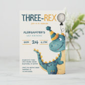 Dinosaur Trex Drie Rex 3e Verjaardagsfeest Kaart (Staand voorkant)