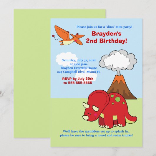 Dinosaur Triceratops Custom Birthday Invitation Kaart (Voorkant / Achterkant)