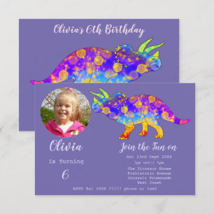 Dinosaur Triceratops Girls Birthday Paars Photo I Kaart