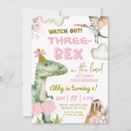 Dinosaur Tutu ThreeRex Girl 3e verjaardag Kaart (Voorkant)